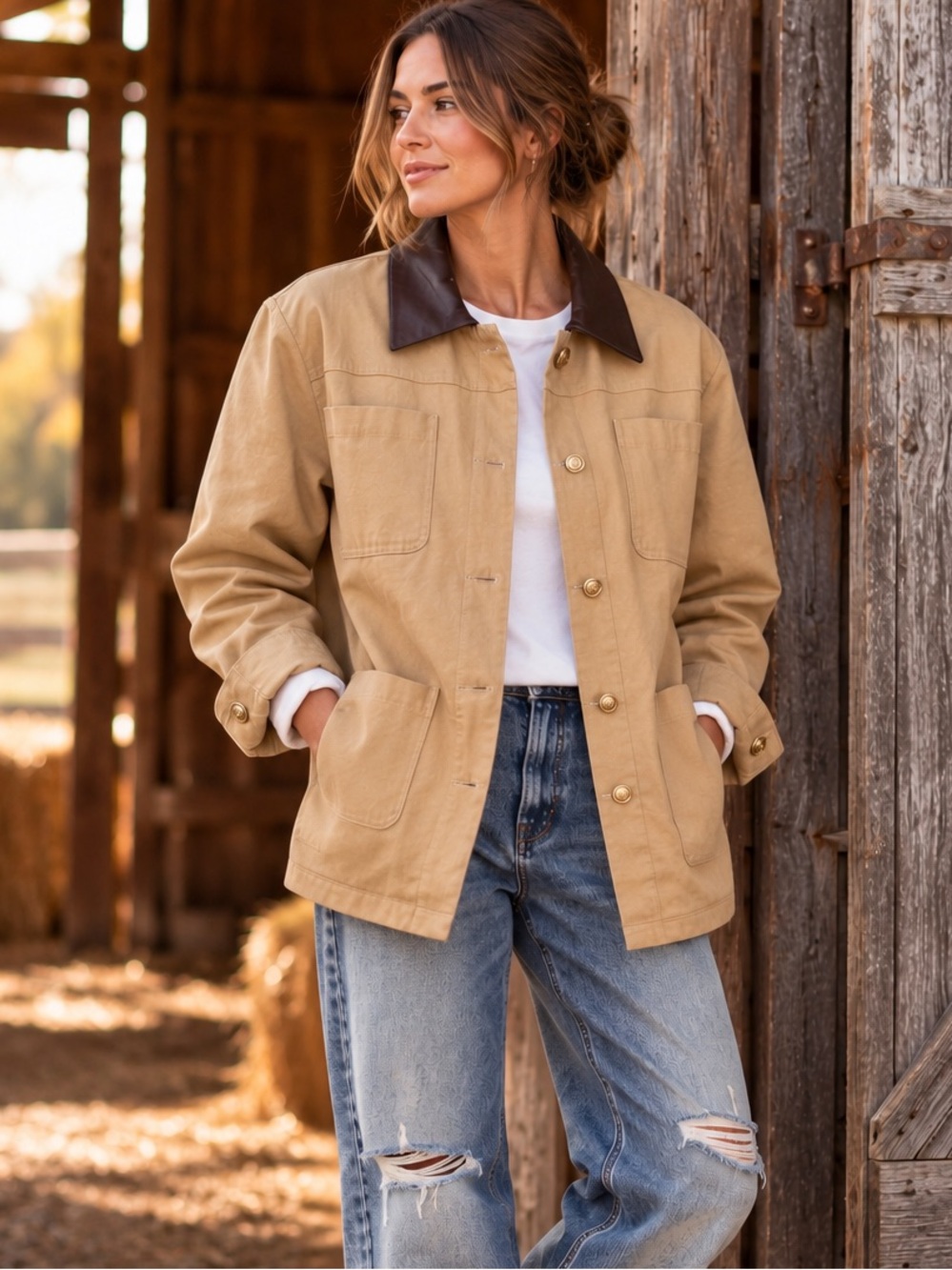 NWT - Brunette The Label Barn Jacket w Gold Buttons in Tan & Brown.